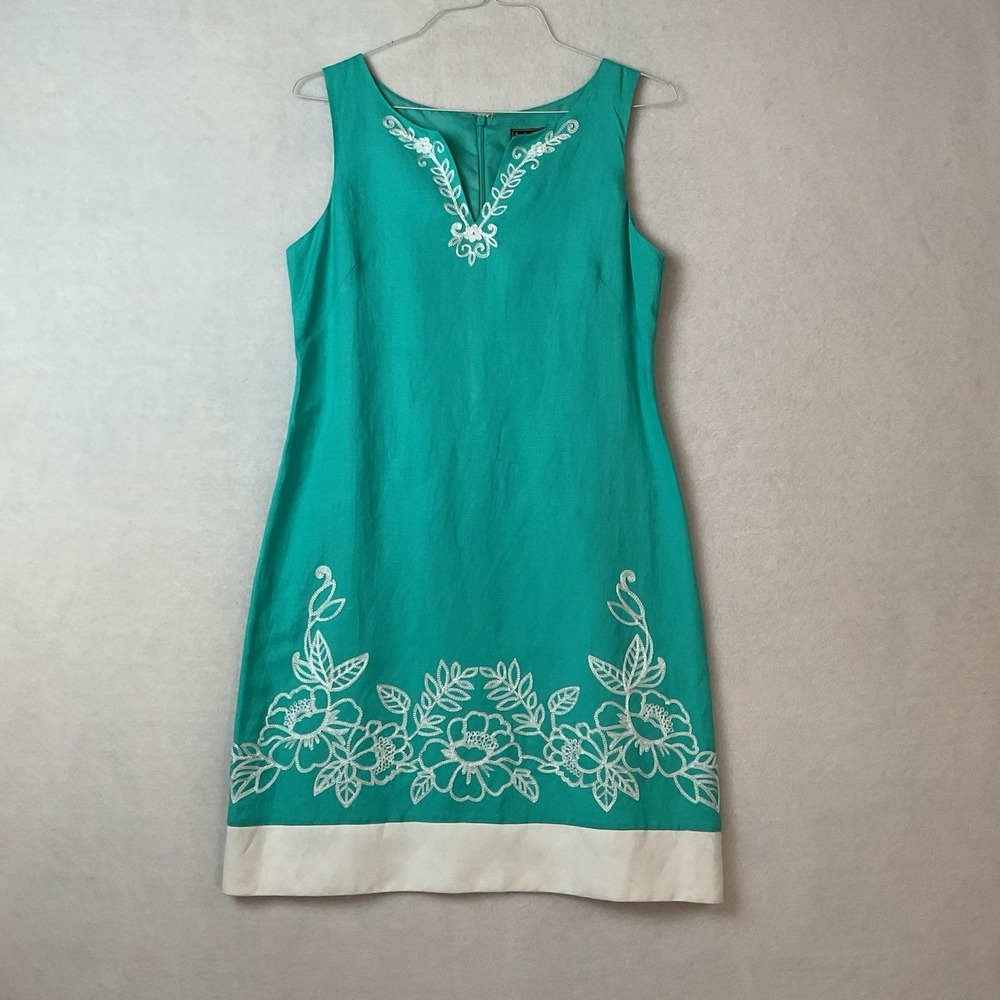 Jessica Howard Dress Womens 10 Aqua White Embroidery Sleeveless Linen Blend
